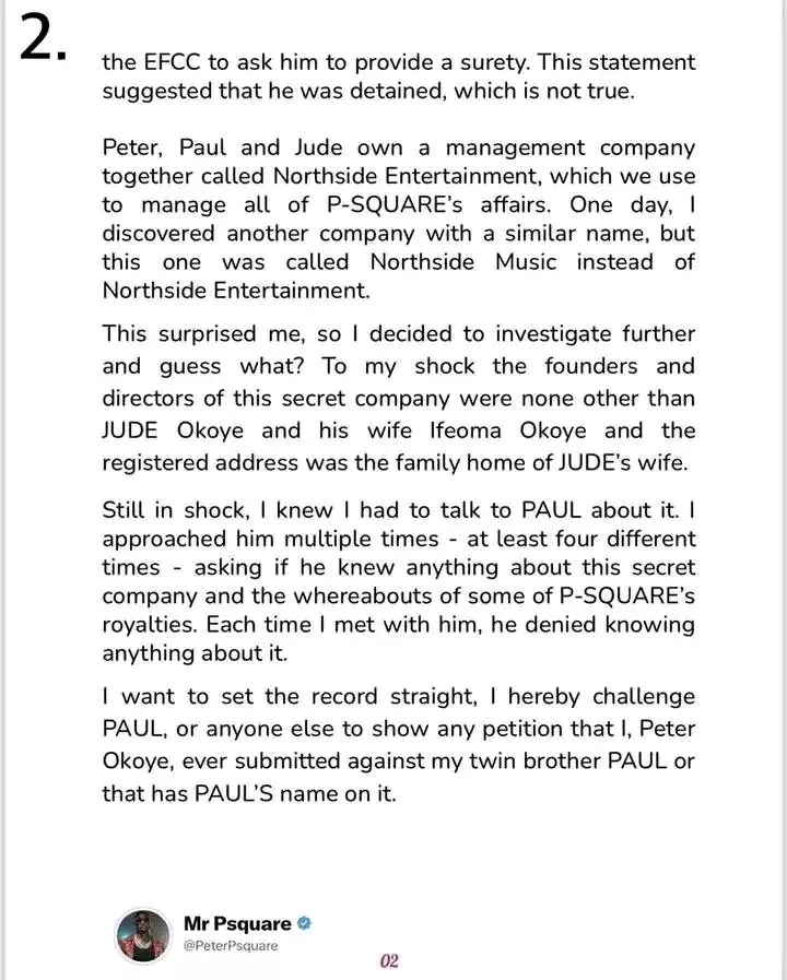 Peter Okoye strikes again with fresh open letter; counters Paul's EFCC arrest claims; exposes Jude, his wife