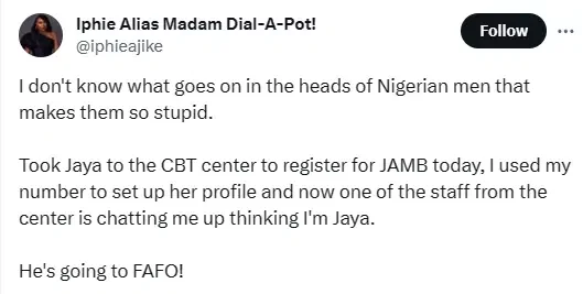 Lady fumes after man at JAMB CBT center took her number from their system to chat with her daughter