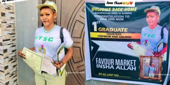 "First graduate" - Family sets up huge banner as their daughter completes NYSC