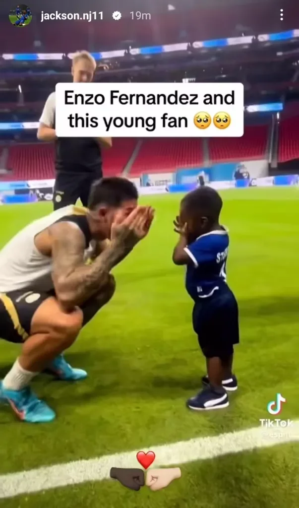 Nicolas Jackson shared a video of Enzo Fernandez interacting with a young black Chelsea fan