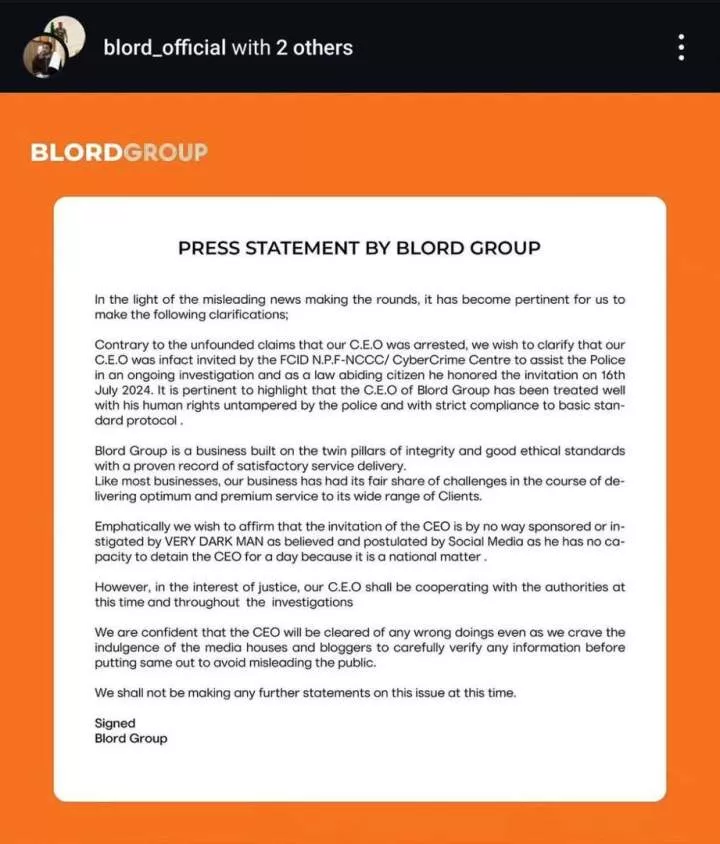 'VeryDarkMan has no power to arrest Blord' - BLord Group releases statement