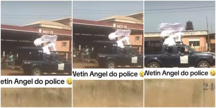 "Dem arrest Angel wey wan blow trumpet" - Reactions as Nigerian Angel seen on top of police moving car