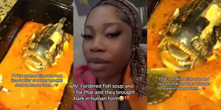 'I ordered fish soup, they brought shark' - Muslim lady shares video of scary-looking fish soup she ordered for iftar