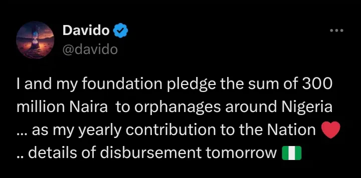 'Foundation account credited' - Davido shuts down critics with proof of 300 million naira orphanage donation