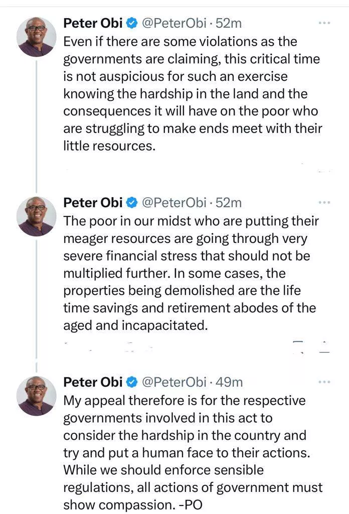 Peter Obi condemns demolition of houses in Lagos and other parts