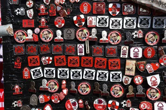 Nottingham Forest badges and pins outside the City Ground