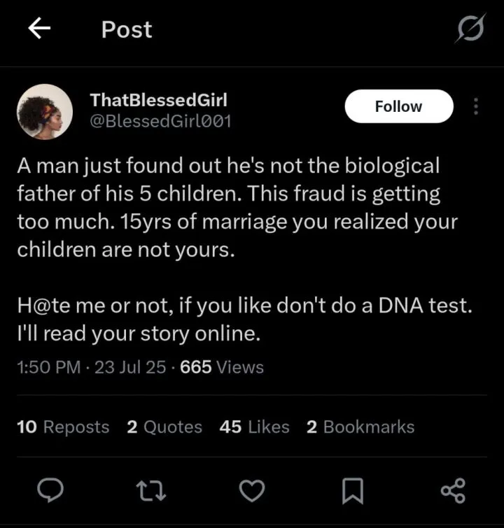 Man conducts DNA test after 15 years, finds out he's not father of his 5 children