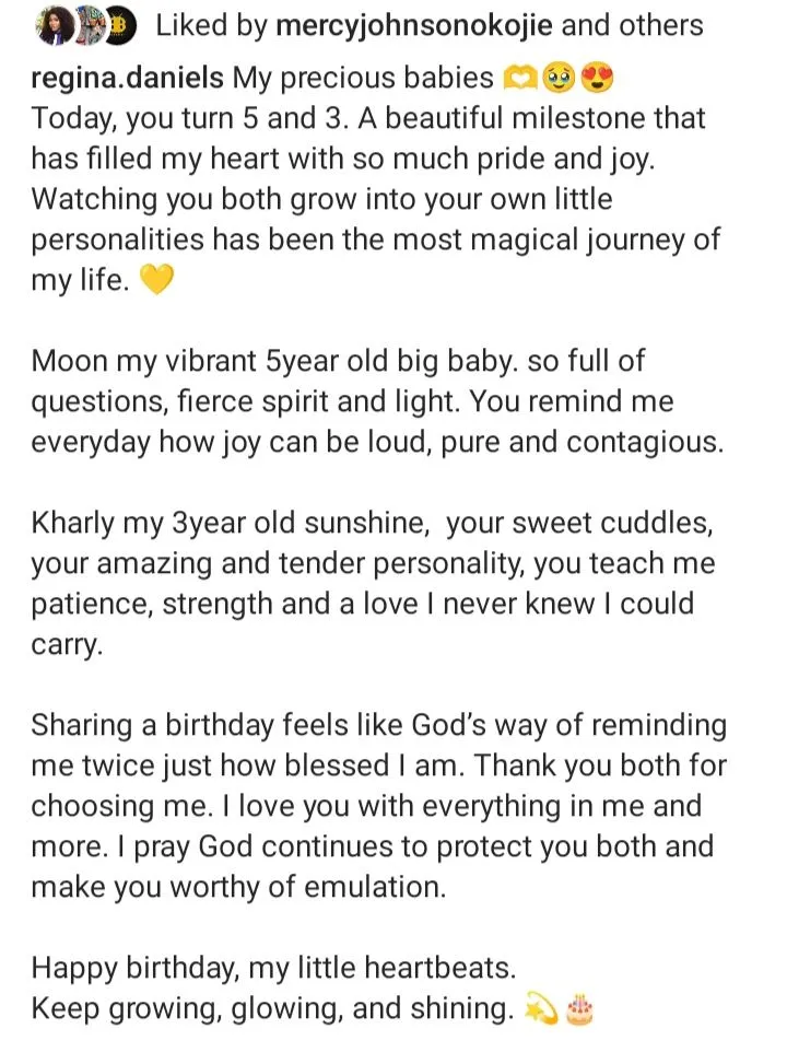 Regina Daniels celebrates sons' 5th and 3rd birthdays with heartwarming message