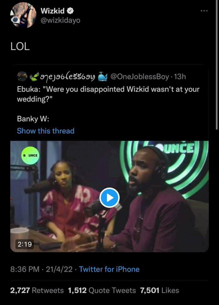 Wizkid reacts after Banky W expressed disappointment over his absence at his wedding