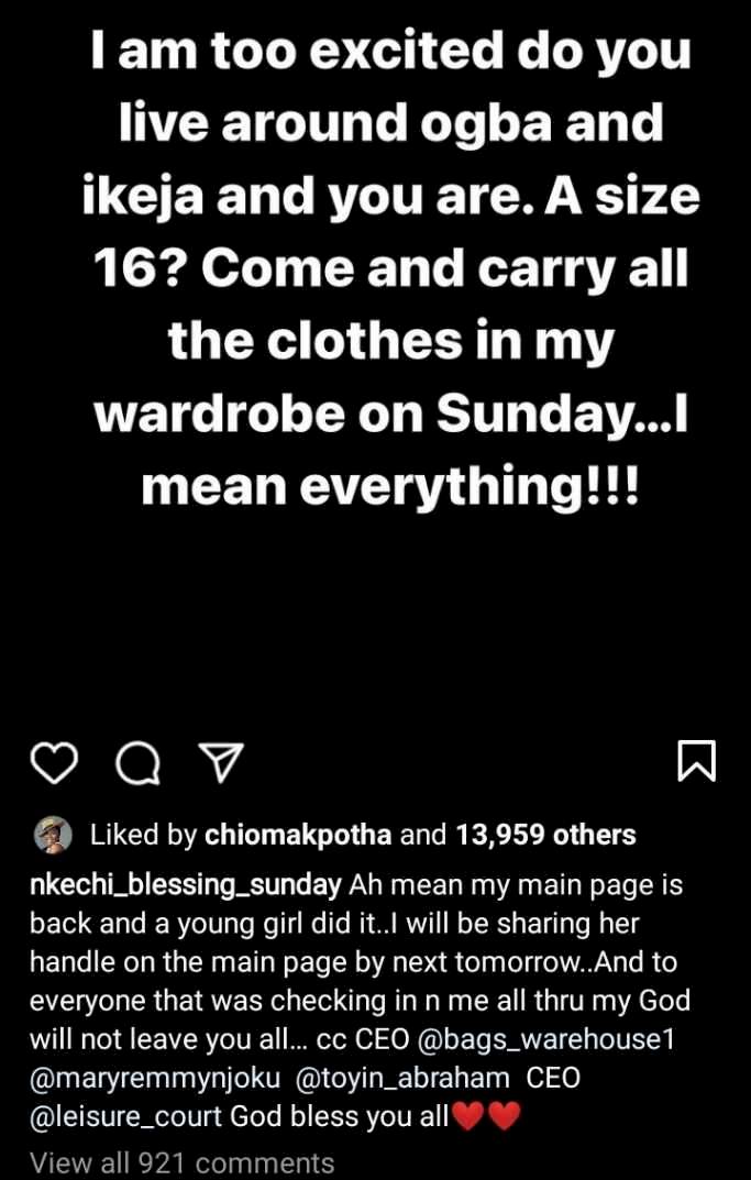 Nkechi Blessing In Good Mood, Plans To Gift Out All Her Clothes To Fans