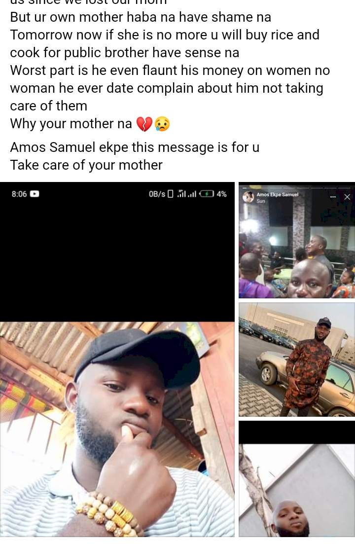 'You buy drinks, throw parties and your mother is dying of hunger' - Lady calls out Benue big boy living a 'fake life', neglecting his mother