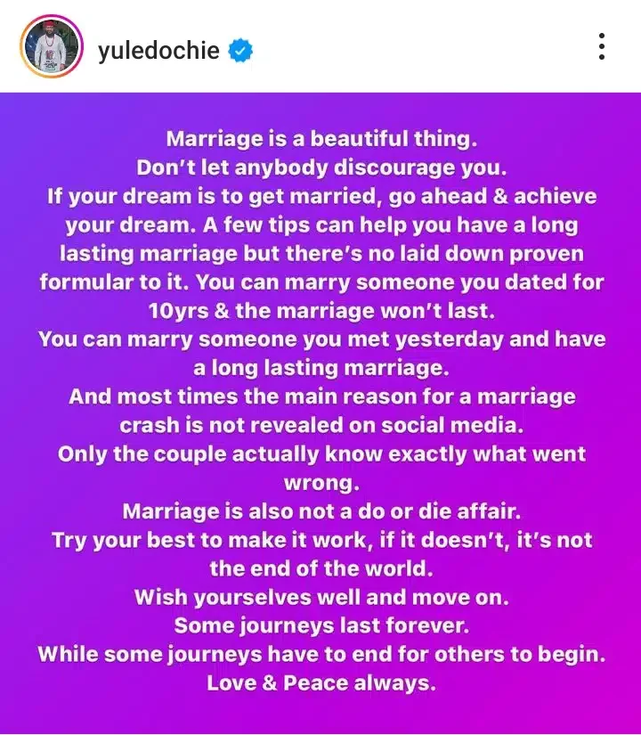 'You can marry someone you met just yesterday and have a long lasting marriage' - Yul Edochie pens advice to single Nigerians