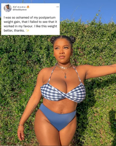 I was so ashamed of my postpartum weight that I failed to see it worked in my favour - Abby Zeus says as she shares bikini photo showing her post-baby body
