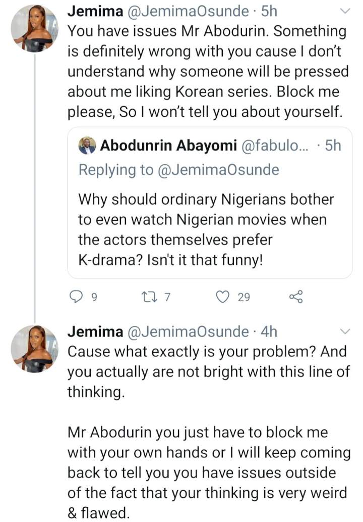 Jemima Osunde slams follower who criticized her for saying she loves Korean Drama
