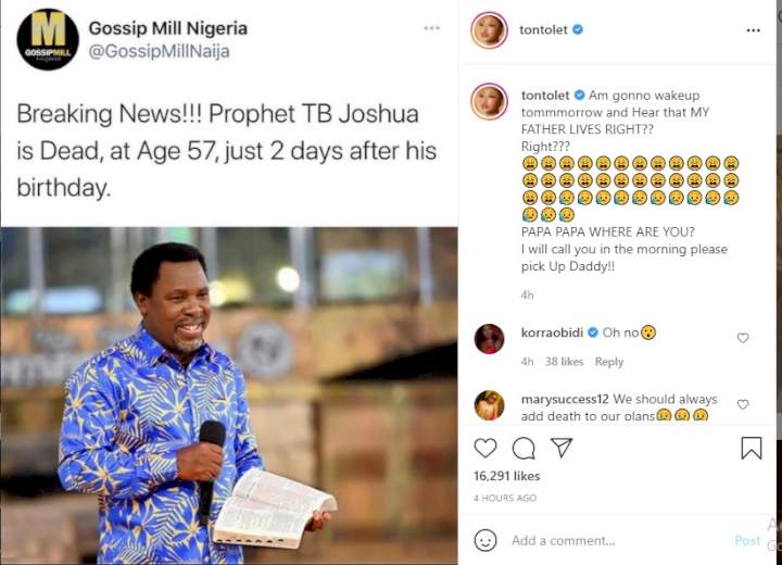 'Pick up your call daddy' - Actress Tonto Dikeh reacts to the death of Pastor TB Joshua