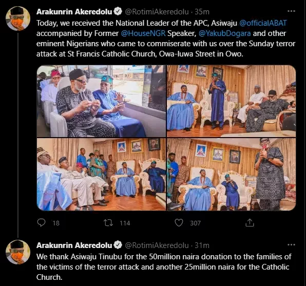 Nigerians react as Tinubu donates N50M to families of victims of Ondo massacre, N25M to Catholic Church