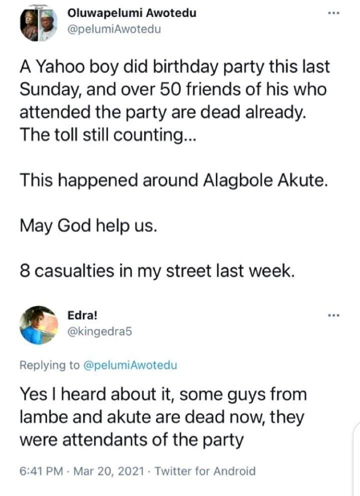 Man cries out as 50 friends who attended an alleged yahoo boy’s birthday party are found dead