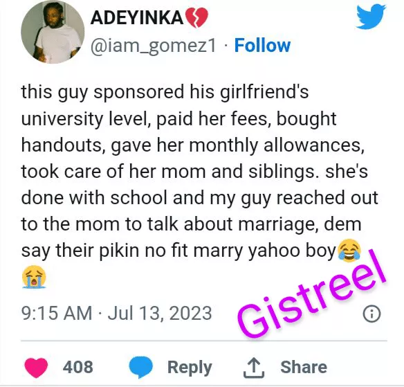 'You be yahoo boy, she no fit marry you