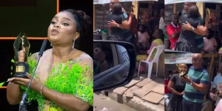 "He took me to my first audition" - Actress, Bimbo Ademoye recounts as she presents her AMVCA award to her father (Watch)