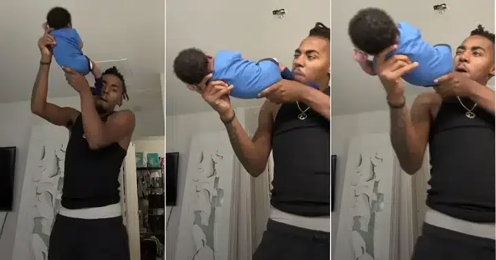 "Leave my son alone" - Wife reacts as her husband turns their baby into human gun (Video) "Leave my son alone" - Wife reacts as her husband turns their baby into human gun (Video)