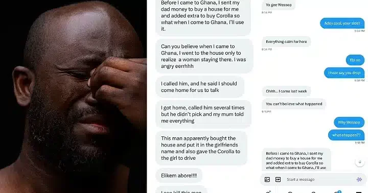 Abroad-returnee in tears after sending cash to dad to buy a house and car, father hands properties over to his side chick, chats leak