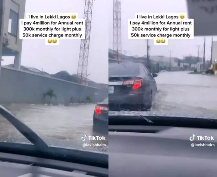 Lady who resides in Lekki laments as flood takes over her street where she pays N4 million a year as rent (video)