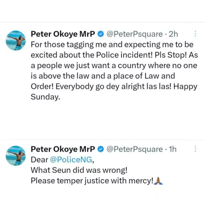 What Seun did was wrong! Please temper justice with mercy! - Singer Peter Okoye begs Nigeria police