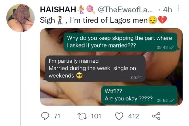 'I am partially married' - Lady shares screenshot of message she received from married man in Lagos wooing her
