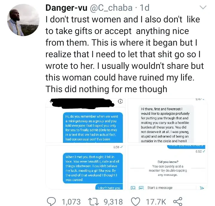 Man falsely accused of rape confronts his accuser years later; shares their chat where she confessed (Screenshots)