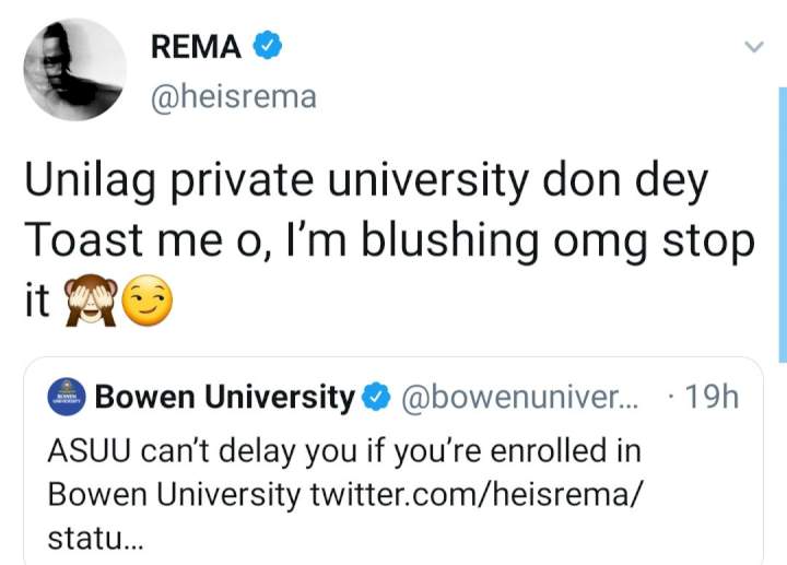 'Baby calm down' Unilag replies Rema after he complained about ASUU strike delaying him from resuming school