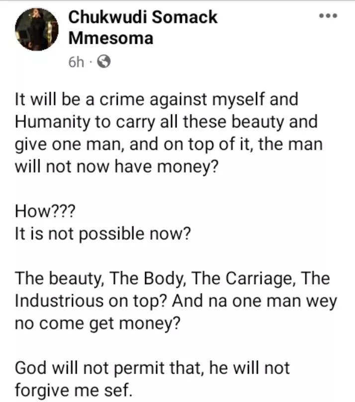'It will be a crime against myself and humanity to carry all my beauty and give one man that doesn't have money' - Nigerian lady says
