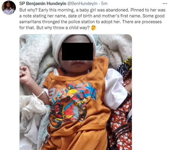Baby dumped and a note dropped by her side in Lagos