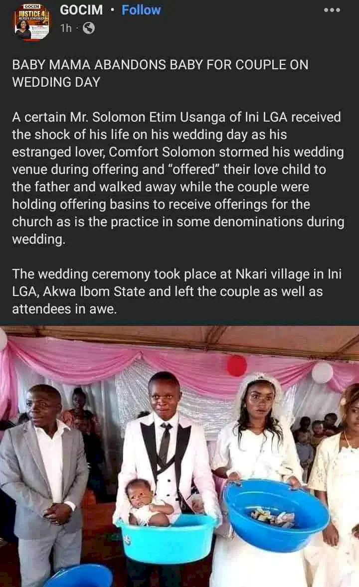 Ex-lover reportedly abandons baby for groom on wedding day in Akwa Ibom state