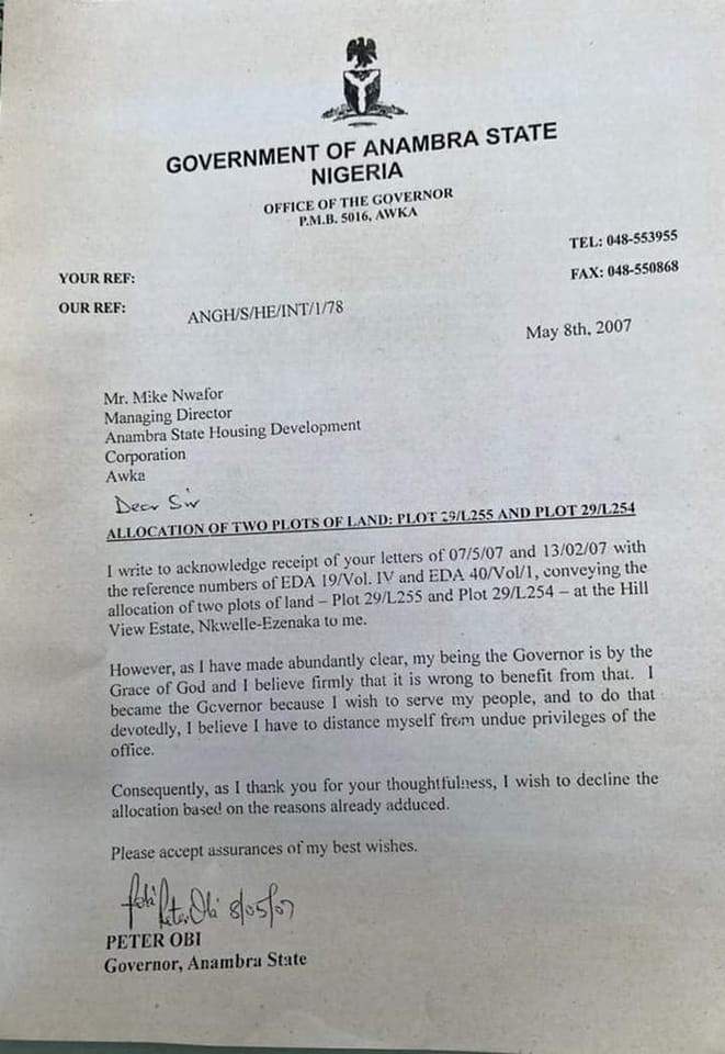 Letter Peter Obi wrote in 2007, rejecting lands allocated to him as Governor of Anambra state goes viral