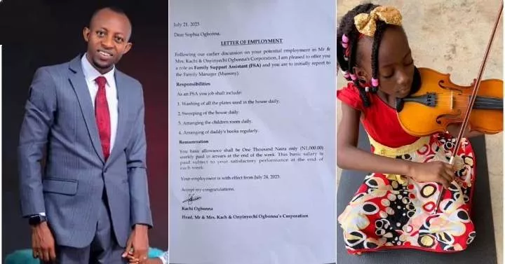 Nigerian father displays contract paper as he offers 6-year-old daughter a weekly pay job