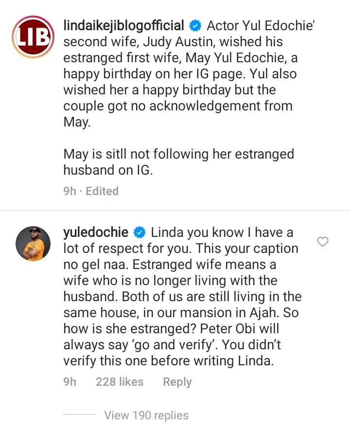 Stop labelling my wife as 'estranged'; we're still living in same house - Yul Edochie tackles blogger