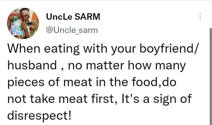 'It's a sign of disrespect for a woman to take meat before her man' - man claims
