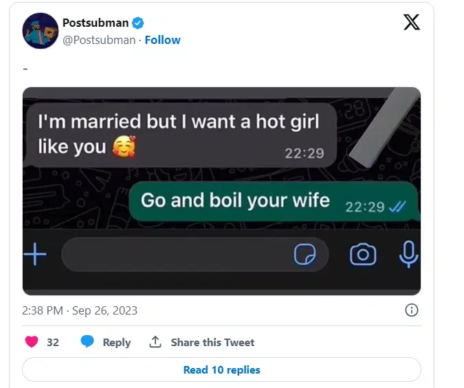 'Go back home to your wife' - Lady shuts down married man trying hard to woo, chat causes buzz