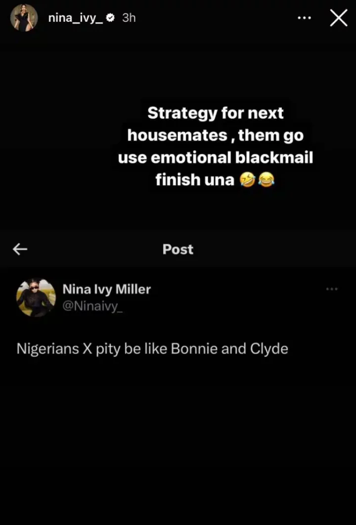 'Next BBNaija housemates will use emotional blackmail finish una' - Nina reacts following Ilebaye's win