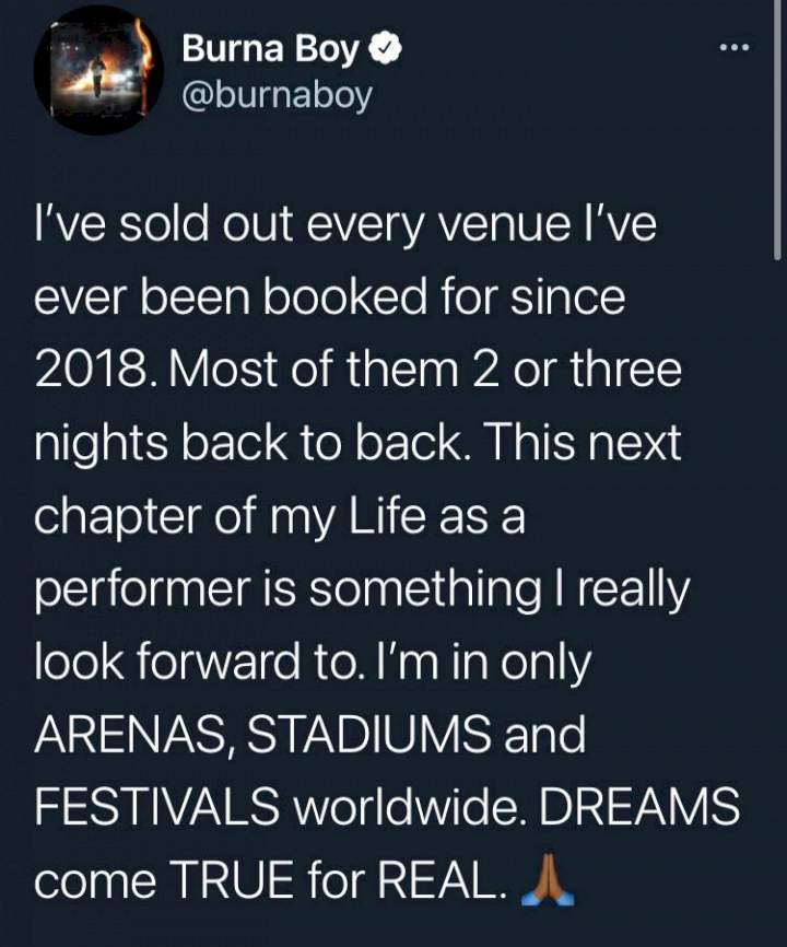 'I've sold out every venue I've ever been booked for since 2018' - Burna Boy counts his blessings