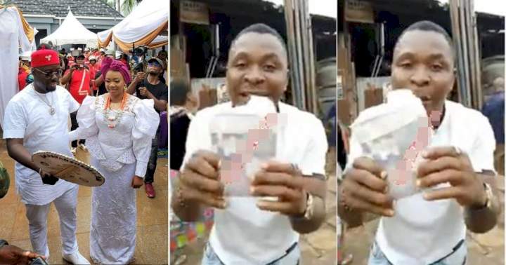 Man shows off huge cash he picked at Obi Cubana's mother's burial (Video)