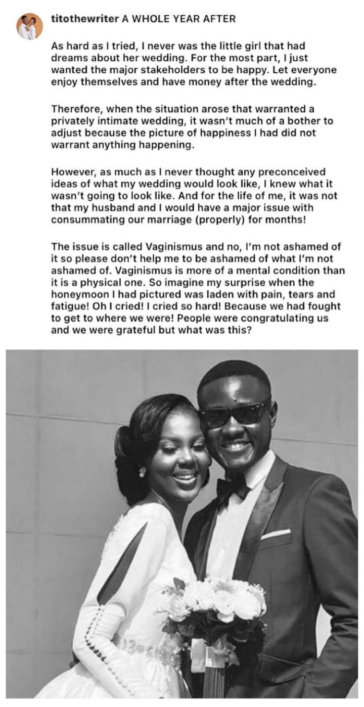 Lady who married as a virgin narrates how she was unable to sleep with husband months after their wedding