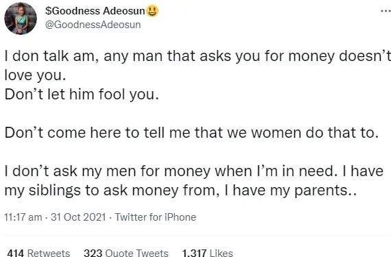 'Any man that asks you for money doesn't love you' - Lady insists