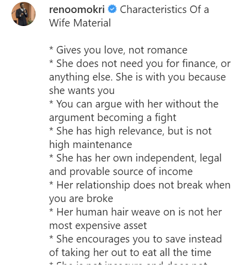 Reno Omokri lists ten characteristics of a good wife material