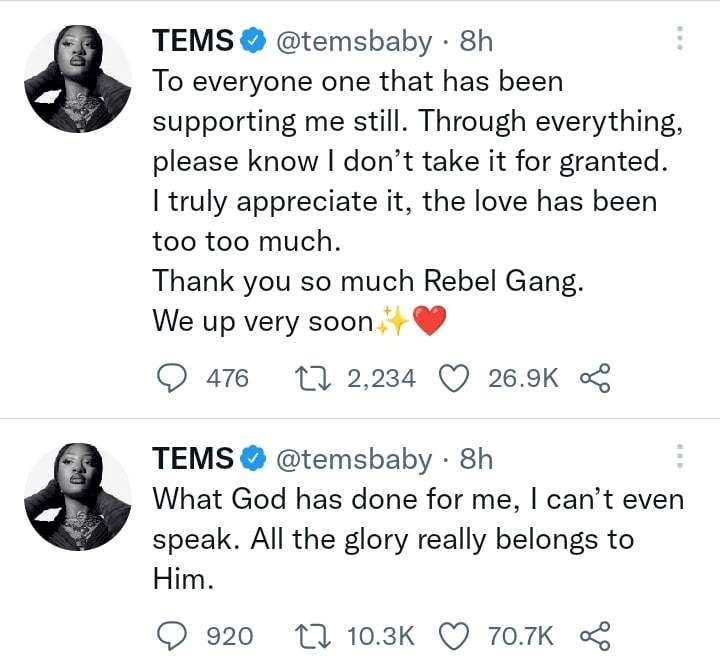 'All the glory really belongs to Him' - Tems reflects, days after Grammy win