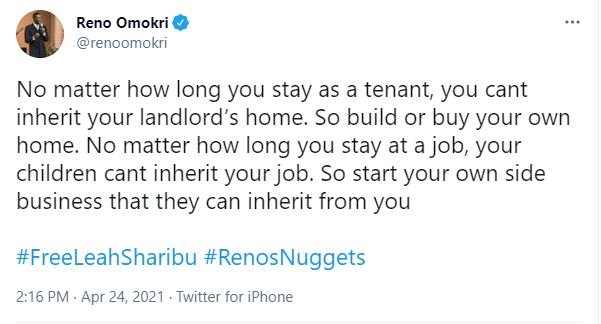 'You cant inherit your landlord's house neither can your children inherit your job' - Reno Omokri