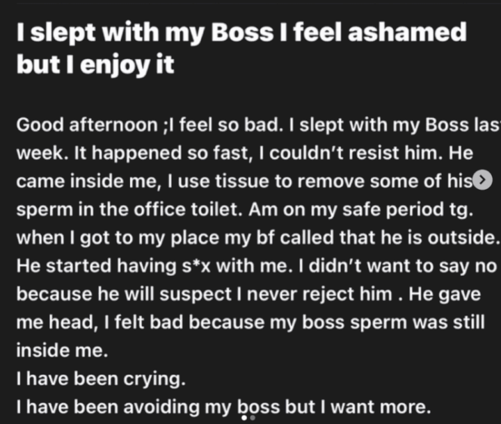 'I'm ashamed for sleeping with my boss even though I want more' - Lady seeks advice