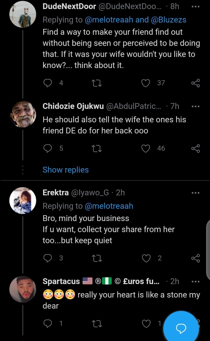 Reactions as a Twitter user seek advice after he caught his friend’s wife cheating with his boss