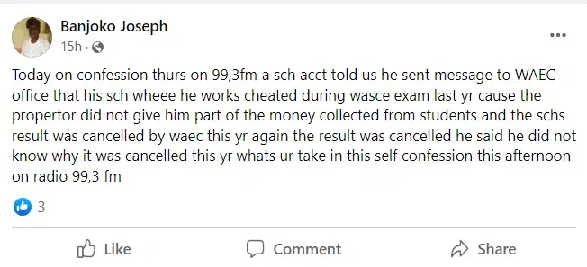 Accountant reports his school to WAEC for exam malpractice after being denied share of cash