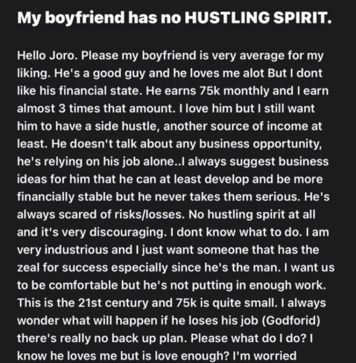 “My boyfriend has zero hustling spirit, relies on salary” – Lady earning 3X more than her man says